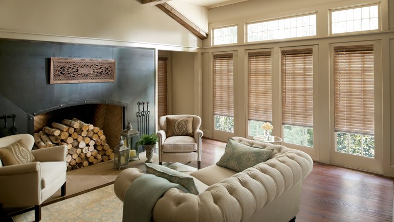 Dover living room with blinds